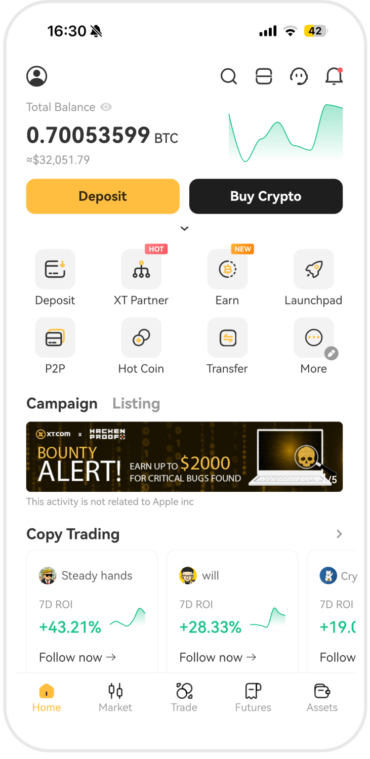 XT.COM App Interface on a smartphone